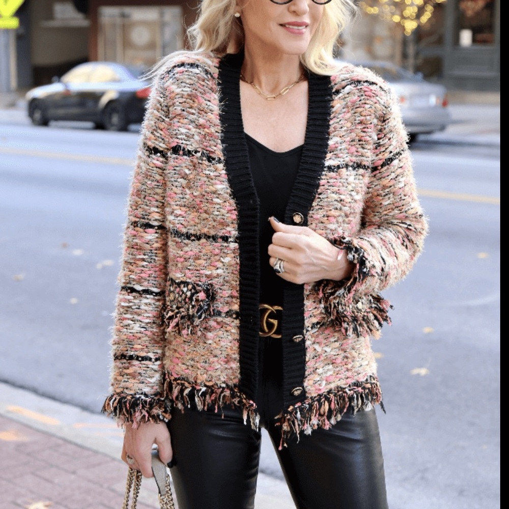 R FASHION Apparel Thread Textured Knit Cardigan Sweater Jacket Fringe Size L/XL